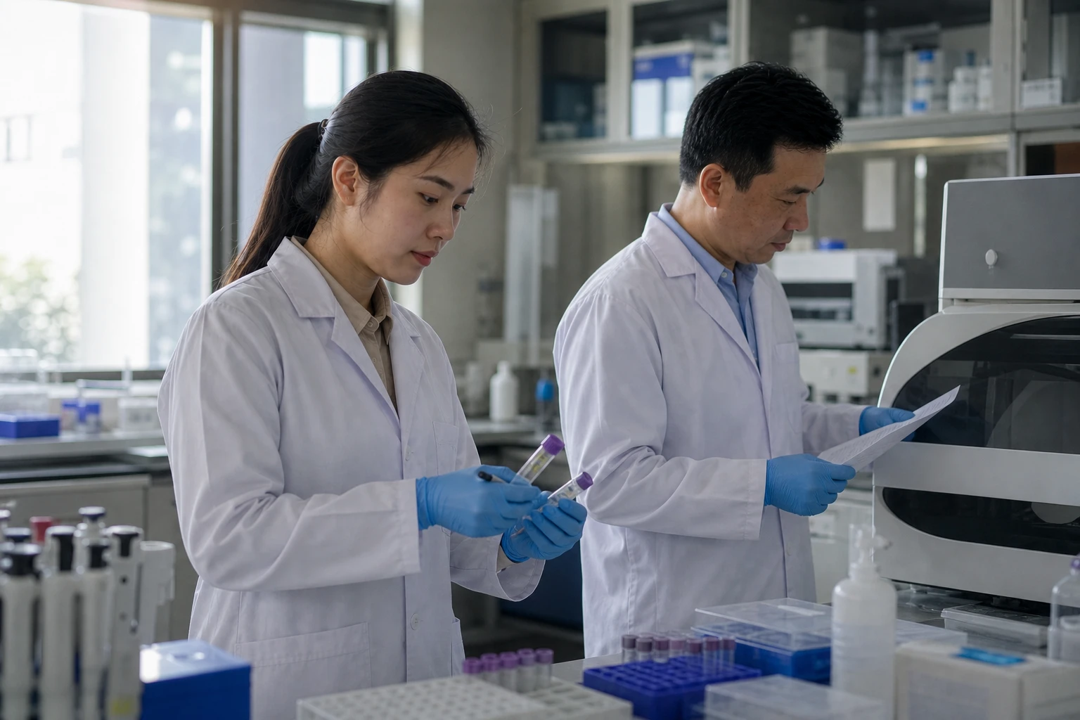Đội ngũ kỹ thuật viên trao đổi quy trình trong phòng xét nghiệm